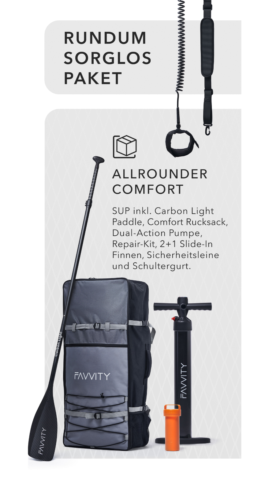 Favvity SUP Set – Komplettset mit Board, Paddel, Pumpe, Rucksack & Zubehör